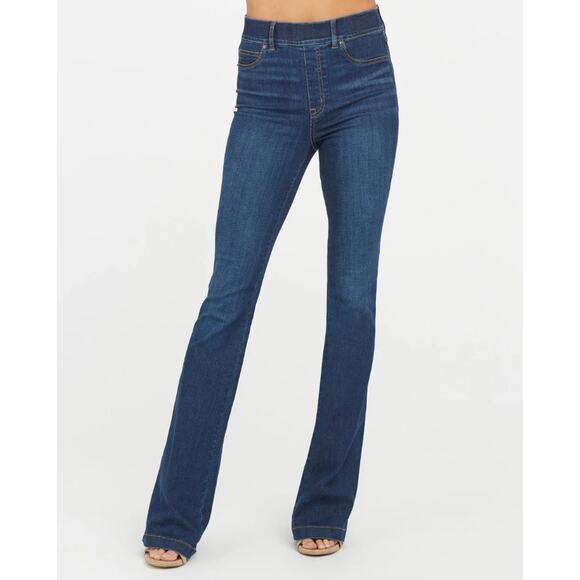 Spanx Flare Jeans High Waist Slim Fit Stretch Midnight Shade Blue Womens Size L - Picture 1 of 9